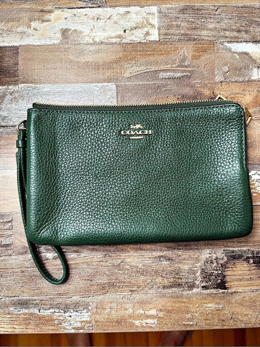 Coach Small Zip-Top Wristlet in Polished Pebble Leather Green